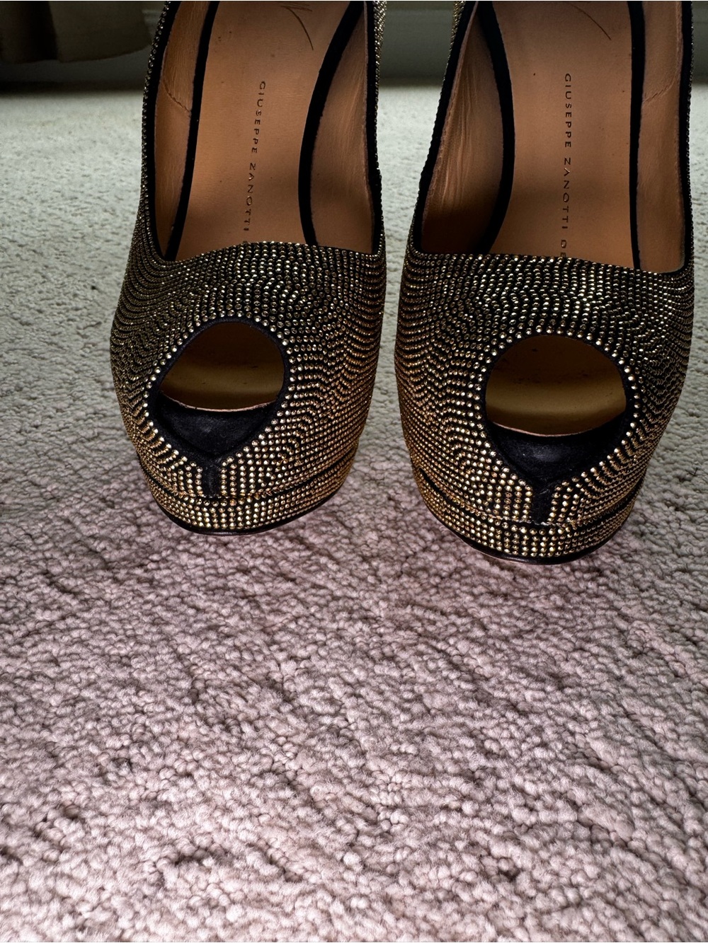 Giuseppe Zanotti Gold Studded Suede Embellished Peep Toe Platform Pumps - Picture 5 of 10